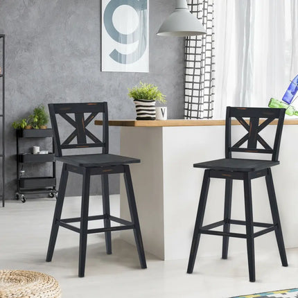Set of 2 360-Degree Swivel Bar Stools for Home Restaurant-Black - Black - Bar Stools