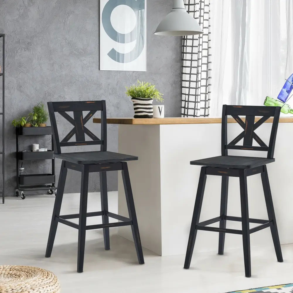 Set of 2 360-Degree Swivel Bar Stools for Home Restaurant-Black - Black - Bar Stools