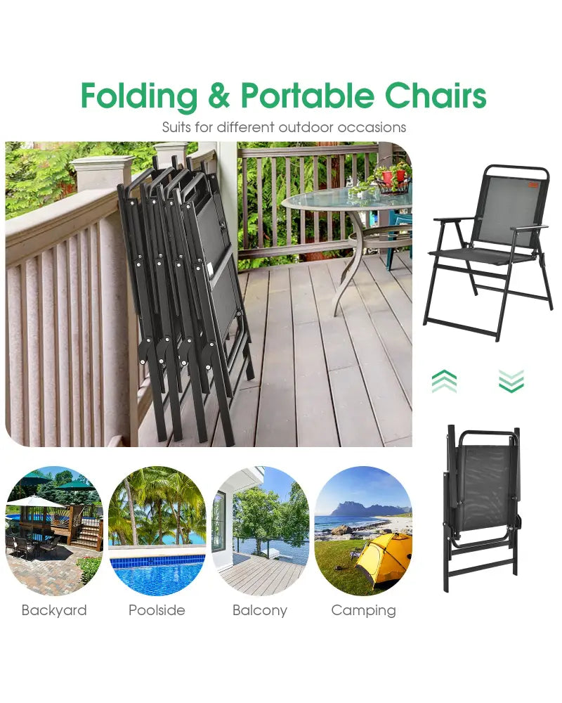 Set of 2/4/6 Outdoor Folding Chairs with Breathable Seat-Set of 6 - Black - Patio Dining Chairs