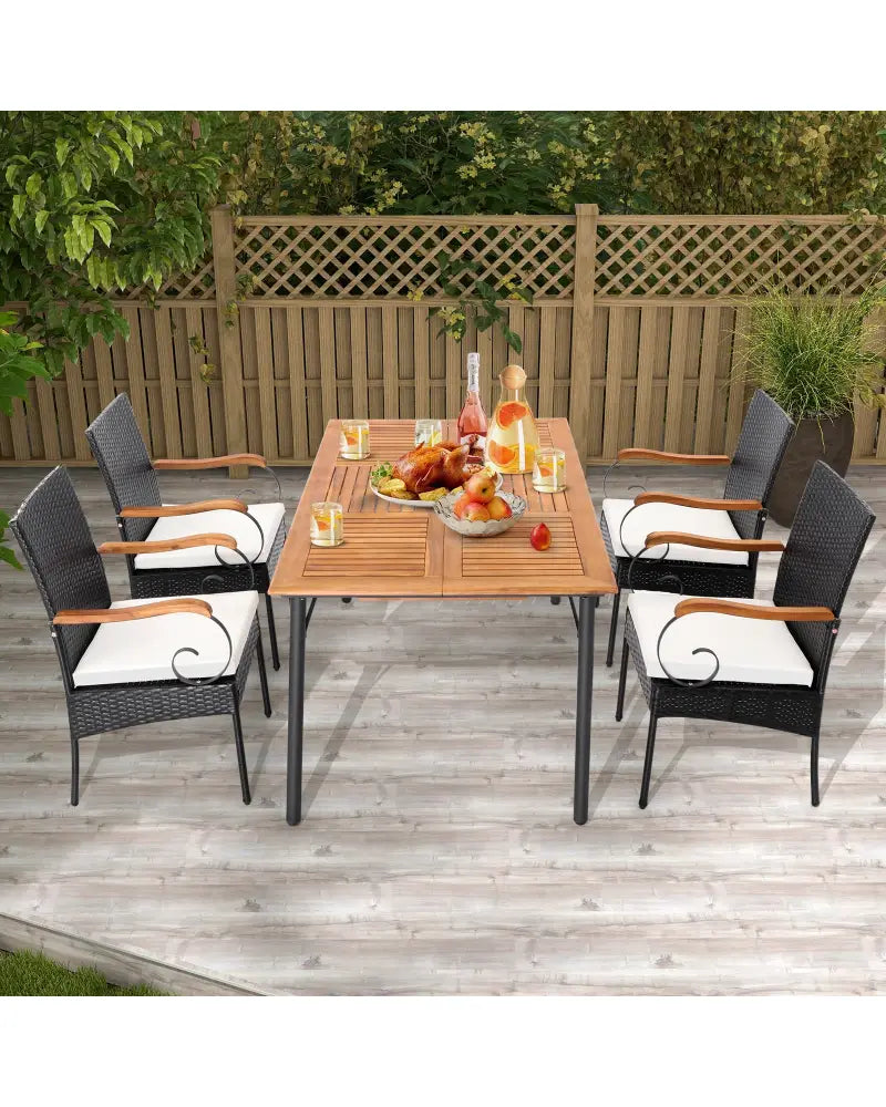 Set of 2/4 Outdoor PE Wicker Chair with Acacia Wood Armrests-Set of 2 - Off White - Patio Dining Chairs