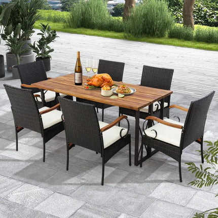 Set of 2/4 Outdoor PE Wicker Chair with Acacia Wood Armrests-Set of 2 - Off White - Patio Dining Chairs