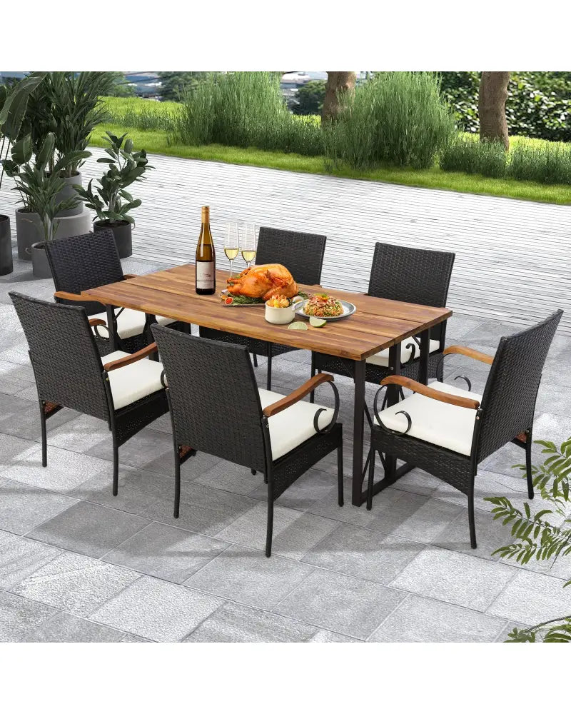 Set of 2/4 Outdoor PE Wicker Chair with Acacia Wood Armrests-Set of 2 - Off White - Patio Dining Chairs