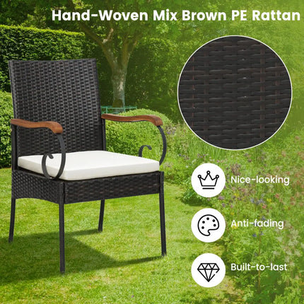 Set of 2/4 Outdoor PE Wicker Chair with Acacia Wood Armrests-Set of 2 - Off White - Patio Dining Chairs