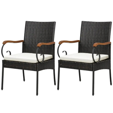 Set of 2/4 Outdoor PE Wicker Chair with Acacia Wood Armrests-Set of 2 - Off White - Patio Dining Chairs