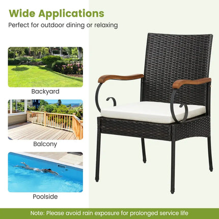 Set of 2/4 Outdoor PE Wicker Chair with Acacia Wood Armrests-Set of 2 - Off White - Patio Dining Chairs
