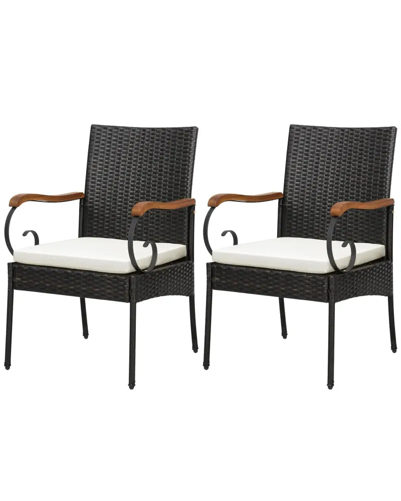 Set of 2/4 Outdoor PE Wicker Chair with Acacia Wood Armrests-Set of 2 - Off White - Patio Dining Chairs