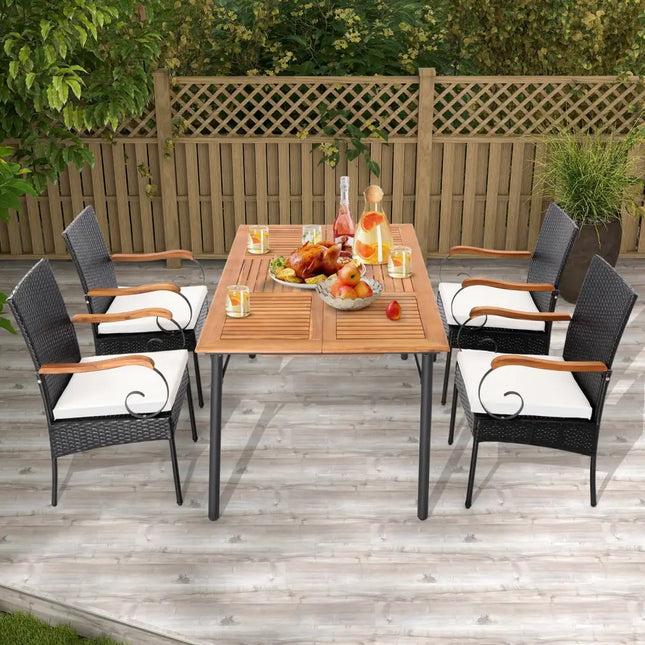Set of 2/4 Outdoor PE Wicker Chair with Acacia Wood Armrests-Set of 2 - Off White - Patio Dining Chairs