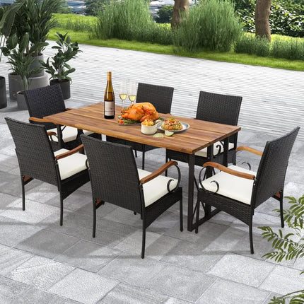 Set of 2/4 Outdoor PE Wicker Chair with Acacia Wood Armrests-Set of 4 - Patio Dining Chairs
