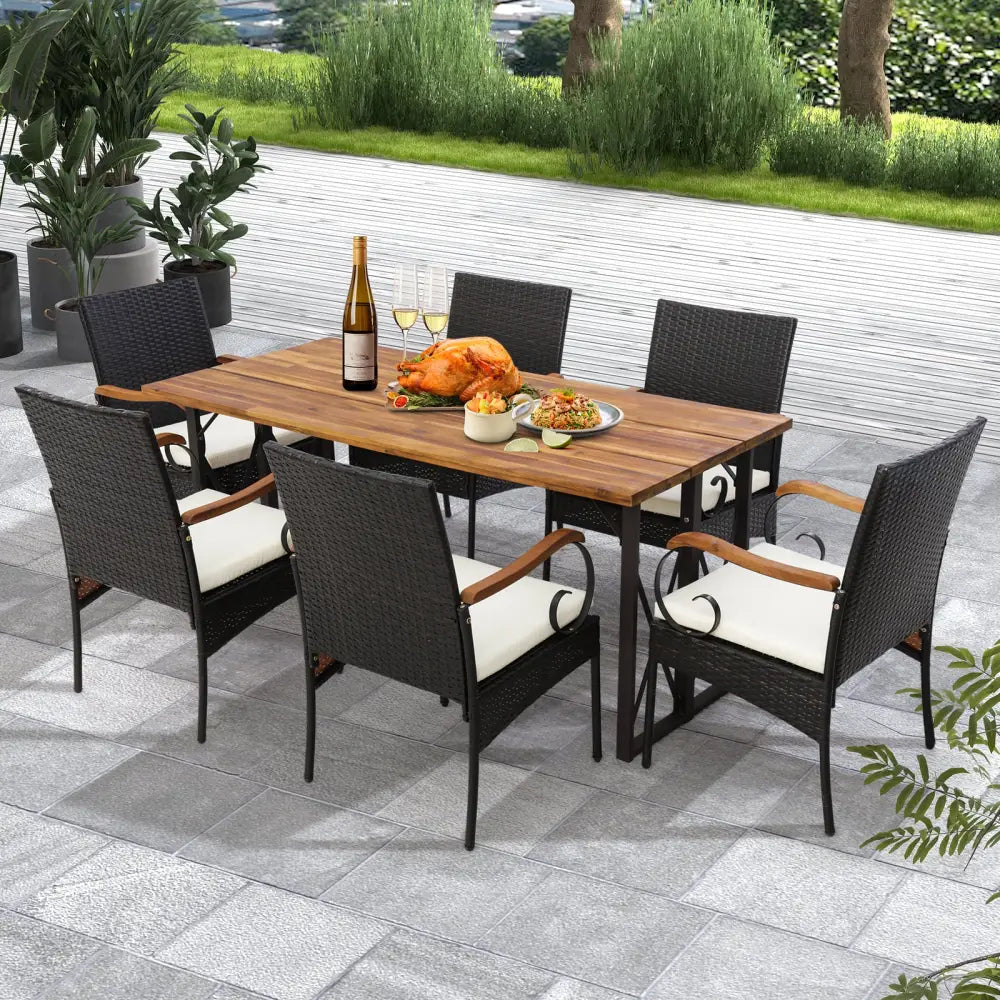 Set of 2/4 Outdoor PE Wicker Chair with Acacia Wood Armrests-Set of 4 - Patio Dining Chairs