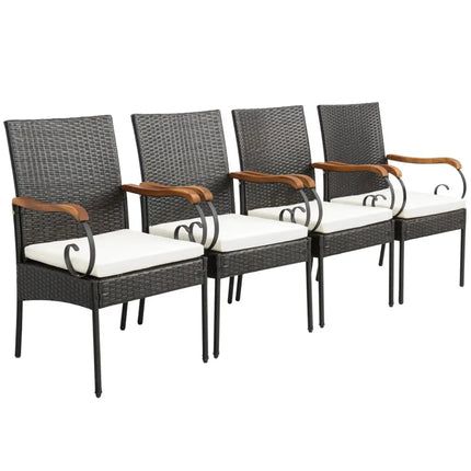 Set of 2/4 Outdoor PE Wicker Chair with Acacia Wood Armrests-Set of 4 - Patio Dining Chairs