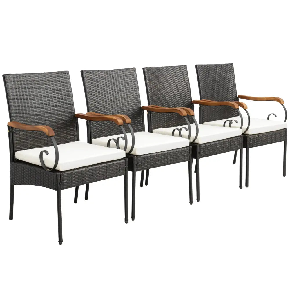 Set of 2/4 Outdoor PE Wicker Chair with Acacia Wood Armrests-Set of 4 - Patio Dining Chairs