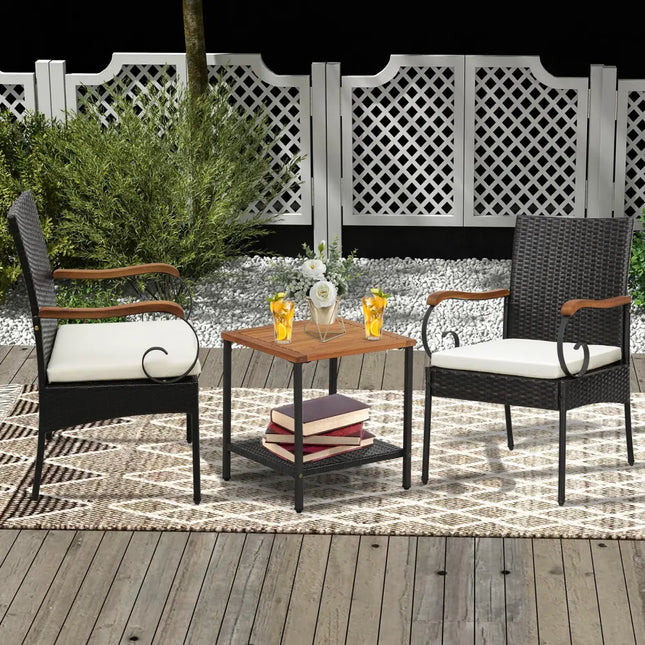 Set of 2/4 Outdoor PE Wicker Chair with Acacia Wood Armrests-Set of 4 - Patio Dining Chairs