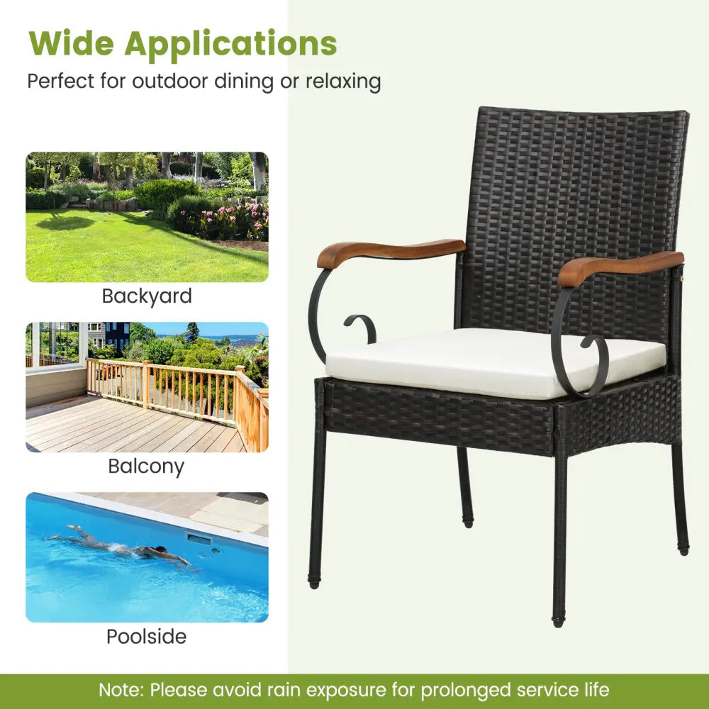 Set of 2/4 Outdoor PE Wicker Chair with Acacia Wood Armrests-Set of 4 - Patio Dining Chairs