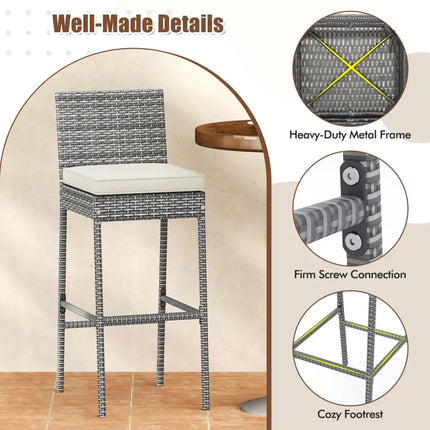 Set of 2/4 Patio Wicker Barstools with Soft Seat Cushion and Cozy Footrest-Set of 2 - Gray - Patio Bar Furniture