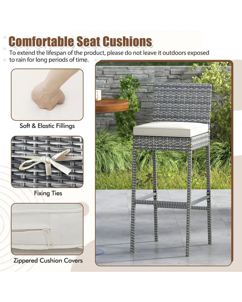 Set of 2/4 Patio Wicker Barstools with Soft Seat Cushion and Cozy Footrest-Set of 4 - Gray - Patio Bar Furniture