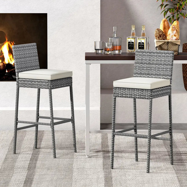 Set of 2/4 Patio Wicker Barstools with Soft Seat Cushion and Cozy Footrest-Set of 2 - Gray - Patio Bar Furniture