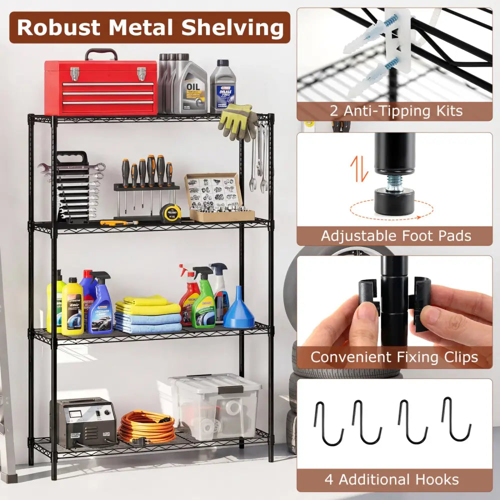 Set of 2 4-Tier Metal Storage Shelving Unit with V-Shaped Wire Rack and 1000 LBS Capacity-Black - Black - Garages