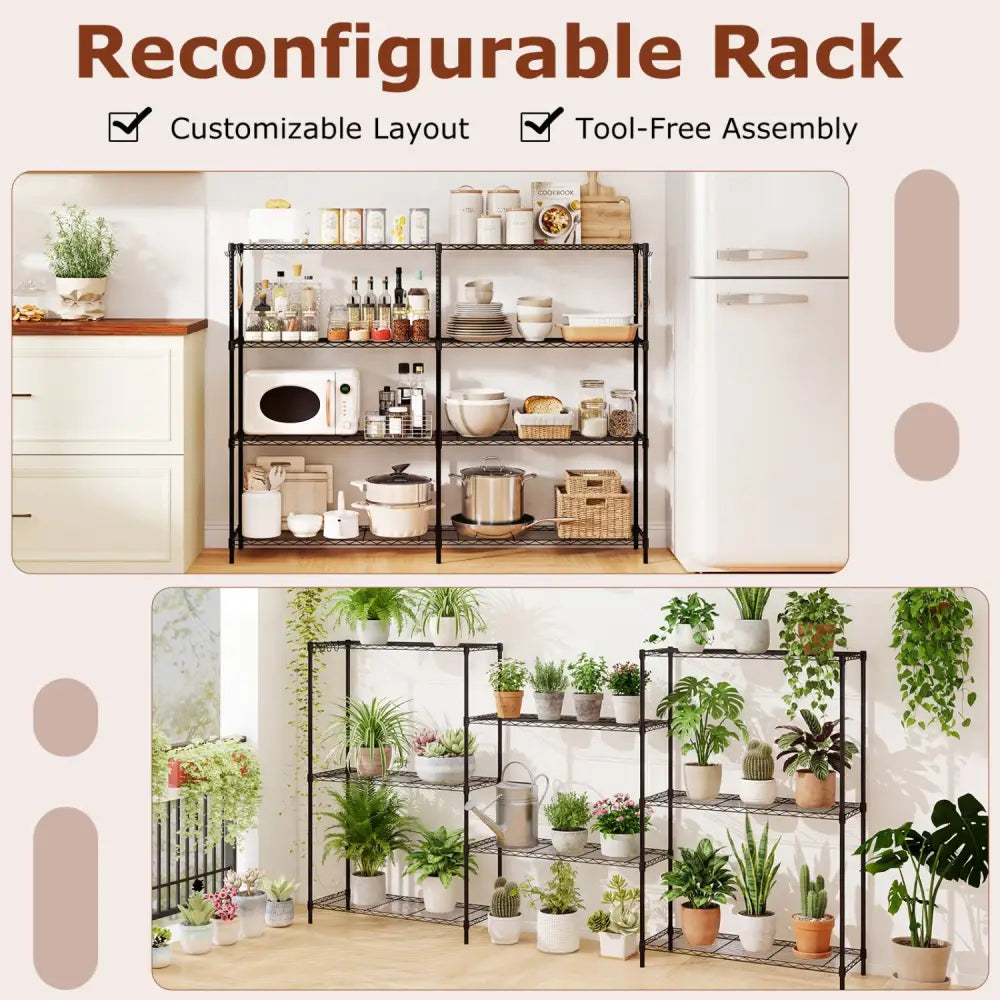 Set of 2 4-Tier Metal Storage Shelving Unit with V-Shaped Wire Rack and 1000 LBS Capacity-Black - Black - Garages