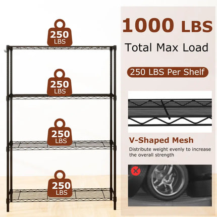 Set of 2 4-Tier Metal Storage Shelving Unit with V-Shaped Wire Rack and 1000 LBS Capacity-Black - Black - Garages