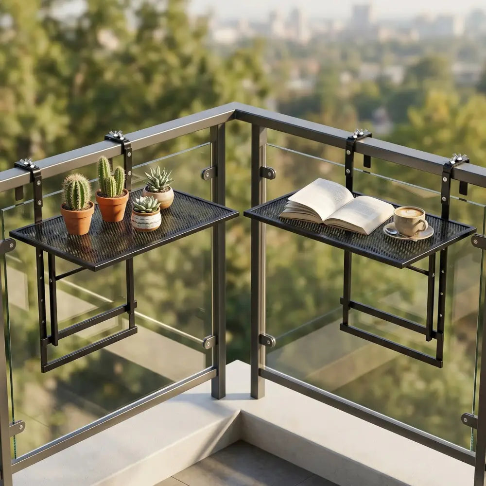 Set of 2 48’’ Balcony Railing Table with 5-Level Adjustable Height for Patio and Deck-Black - Black - Patio Tables