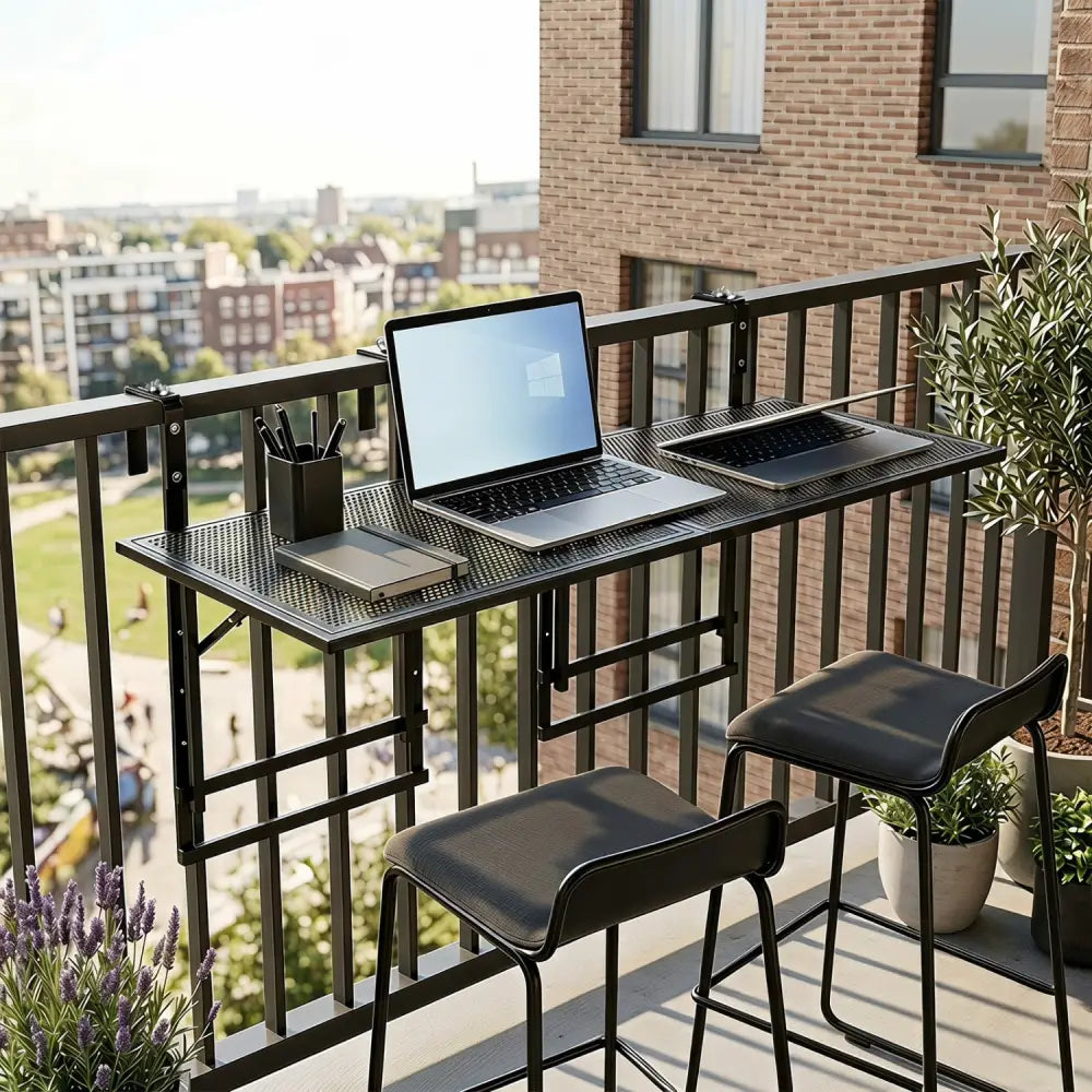 Set of 2 48’’ Balcony Railing Table with 5-Level Adjustable Height for Patio and Deck-Black - Black - Patio Tables