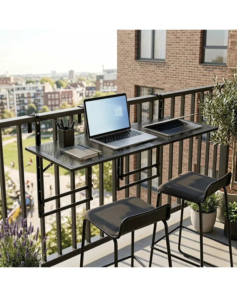Set of 2 48’’ Balcony Railing Table with 5-Level Adjustable Height for Patio and Deck-Black - Black - Patio Tables
