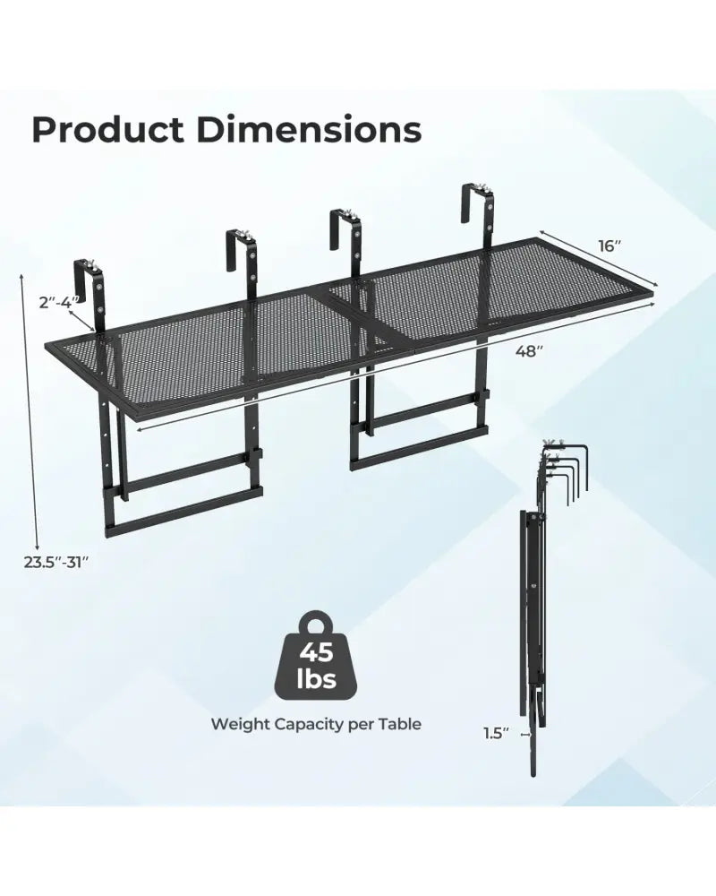 Set of 2 48’’ Balcony Railing Table with 5-Level Adjustable Height for Patio and Deck-Black - Black - Patio Tables