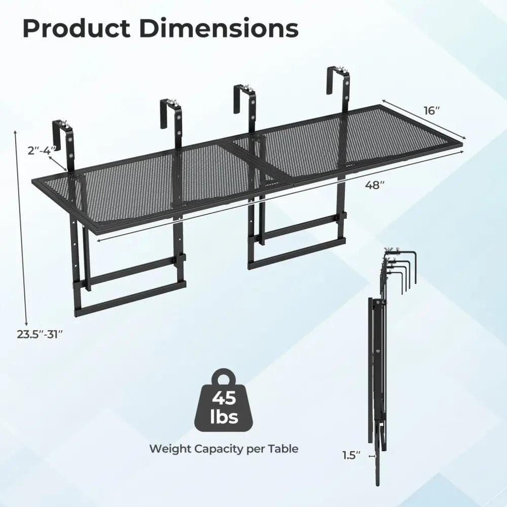 Set of 2 48’’ Balcony Railing Table with 5-Level Adjustable Height for Patio and Deck-Black - Black - Patio Tables