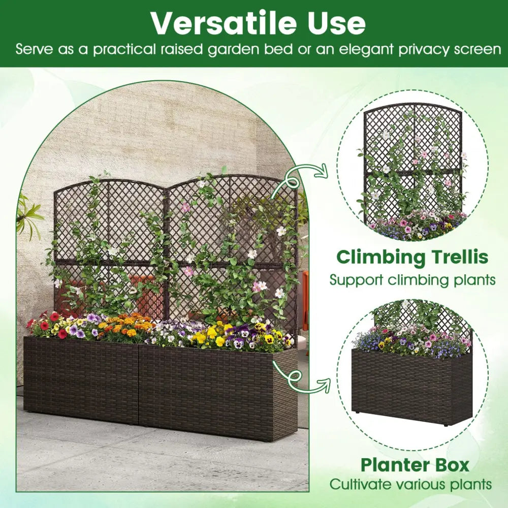 Set of 2 49 Inch Raised Garden Bed with Trellis and Wicker Planter Box-Brown - Brown - Raised Garden Beds