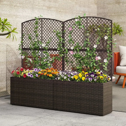 Set of 2 49 Inch Raised Garden Bed with Trellis and Wicker Planter Box-Brown - Brown - Raised Garden Beds