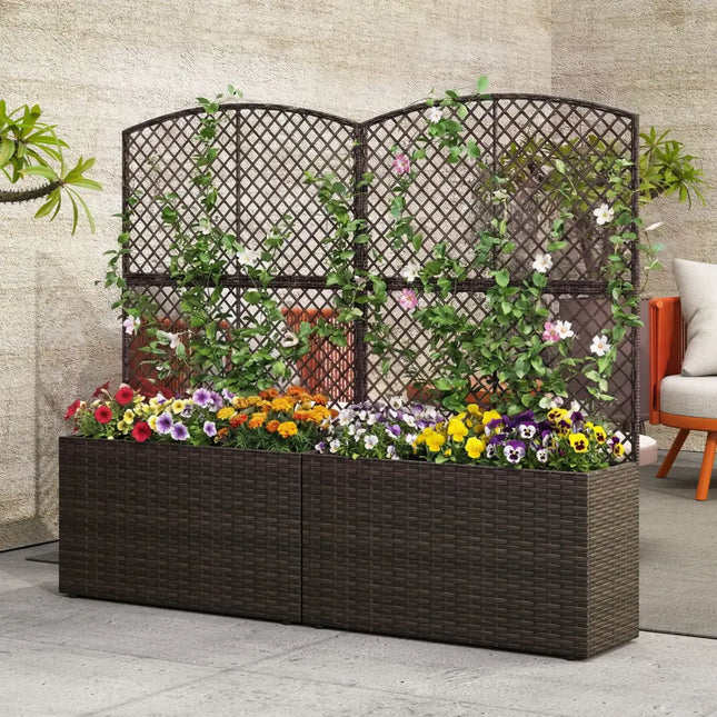 Set of 2 49 Inch Raised Garden Bed with Trellis and Wicker Planter Box-Brown - Brown - Raised Garden Beds
