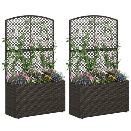 Set of 2 49 Inch Raised Garden Bed with Trellis and Wicker Planter Box-Brown - Brown - Raised Garden Beds