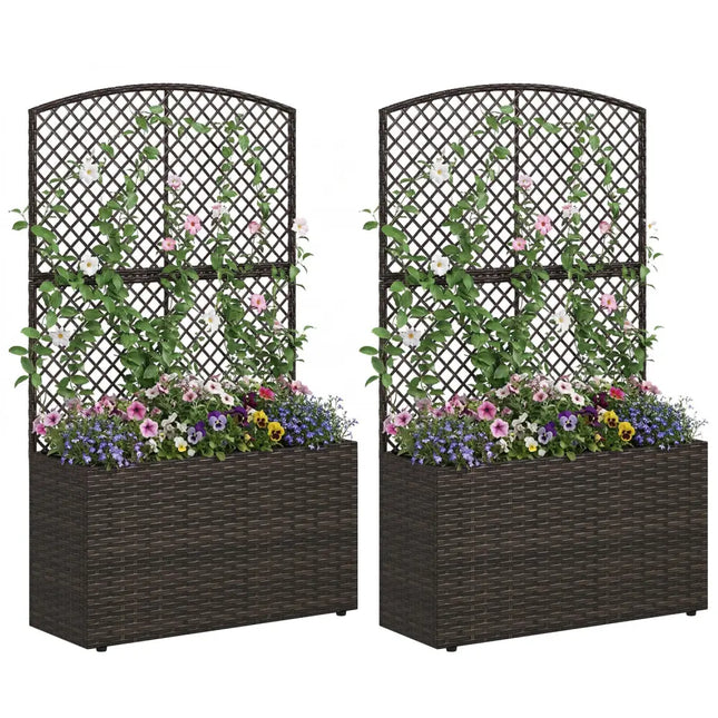 Set of 2 49 Inch Raised Garden Bed with Trellis and Wicker Planter Box-Brown - Brown - Raised Garden Beds