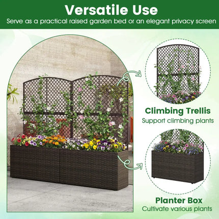 Set of 2 49 Inch Raised Garden Bed with Trellis and Wicker Planter Box-Brown - Brown - Raised Garden Beds