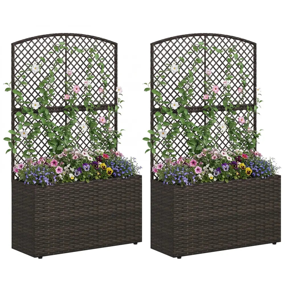 Set of 2 49 Inch Raised Garden Bed with Trellis and Wicker Planter Box-Brown - Brown - Raised Garden Beds