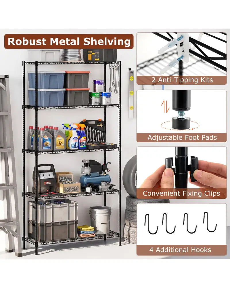 Set of 2 5-Tier Metal Storage Shelving Unit with V-Shaped Wire Rack and 1250 LBS Capacity-Black - Black - Garages