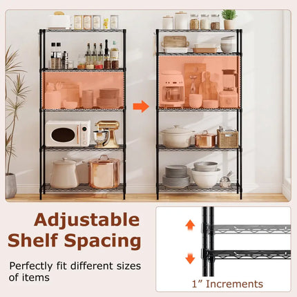 Set of 2 5-Tier Metal Storage Shelving Unit with V-Shaped Wire Rack and 1250 LBS Capacity-Black - Black - Garages