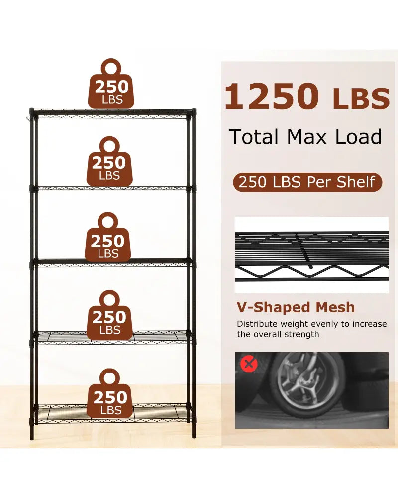 Set of 2 5-Tier Metal Storage Shelving Unit with V-Shaped Wire Rack and 1250 LBS Capacity-Black - Black - Garages