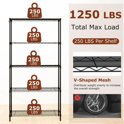 Set of 2 5-Tier Metal Storage Shelving Unit with V-Shaped Wire Rack and 1250 LBS Capacity-Black - Black - Garages
