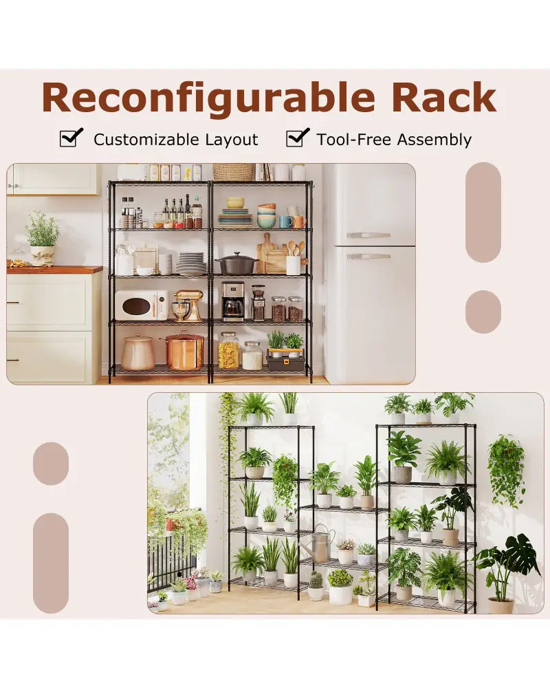 Set of 2 5-Tier Metal Storage Shelving Unit with V-Shaped Wire Rack and 1250 LBS Capacity-Black - Black - Garages