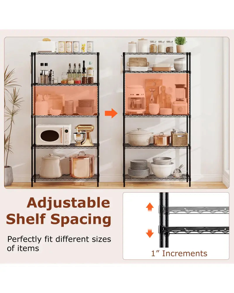 Set of 2 5-Tier Metal Storage Shelving Unit with V-Shaped Wire Rack and 1250 LBS Capacity-Black - Black - Garages