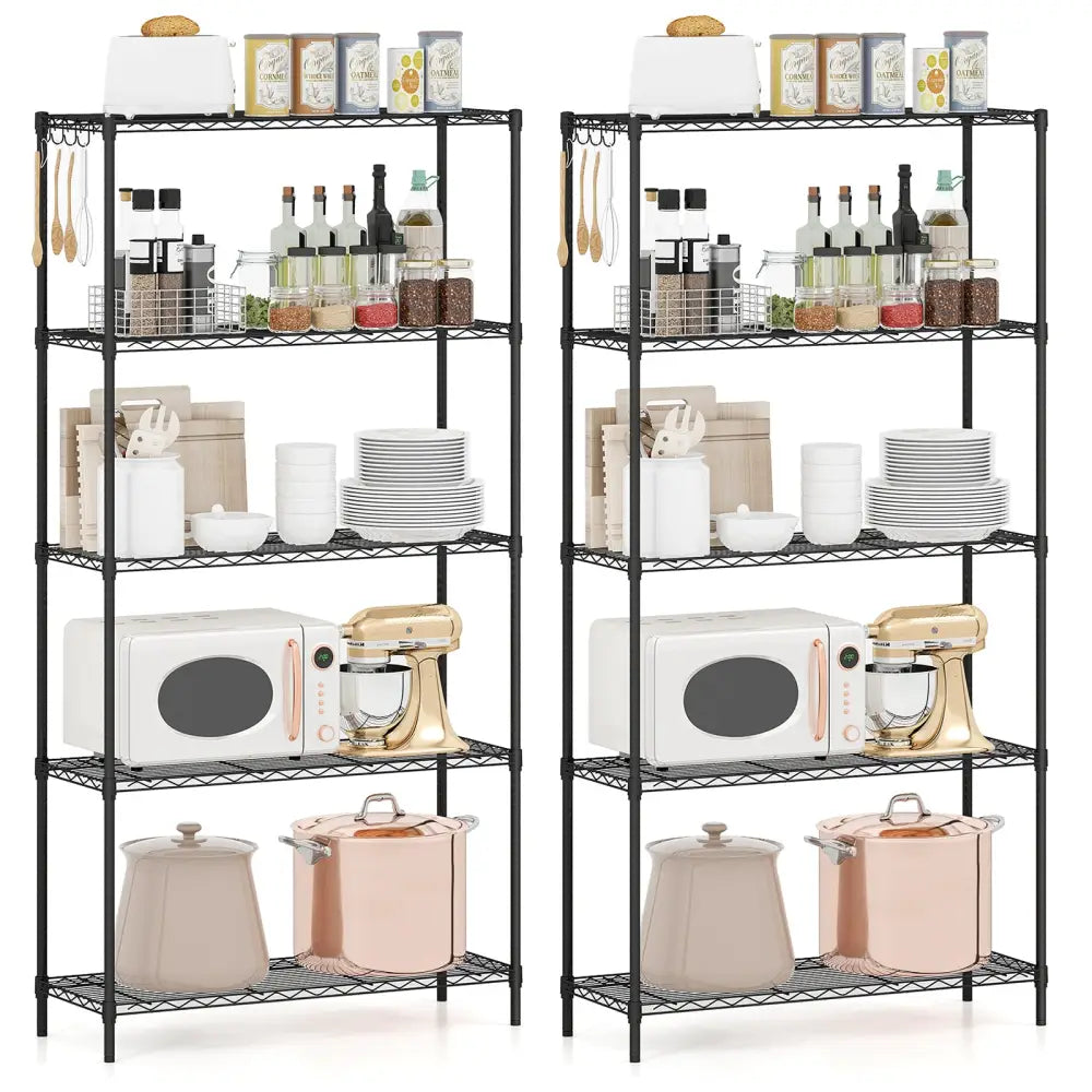 Set of 2 5-Tier Metal Storage Shelving Unit with V-Shaped Wire Rack and 1250 LBS Capacity-Black - Black - Garages