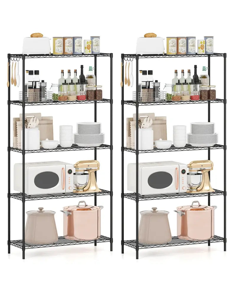 Set of 2 5-Tier Metal Storage Shelving Unit with V-Shaped Wire Rack and 1250 LBS Capacity-Black - Black - Garages