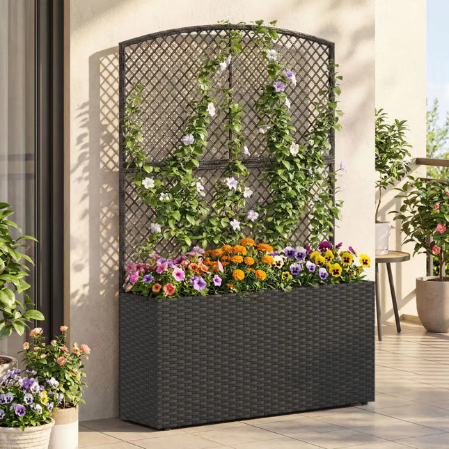 Set of 2 58 Inch Raised Garden Bed with Trellis and Wicker Planter Box-Black - Black - Raised Garden Beds