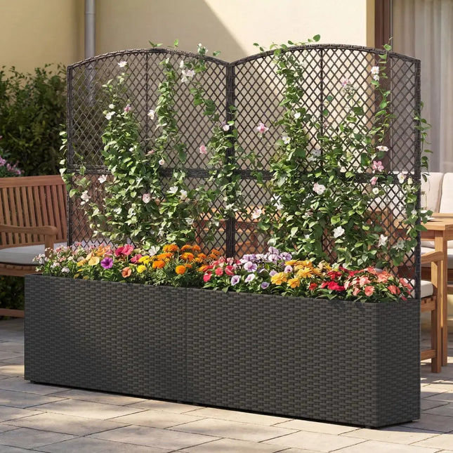 Set of 2 58 Inch Raised Garden Bed with Trellis and Wicker Planter Box-Black - Black - Raised Garden Beds