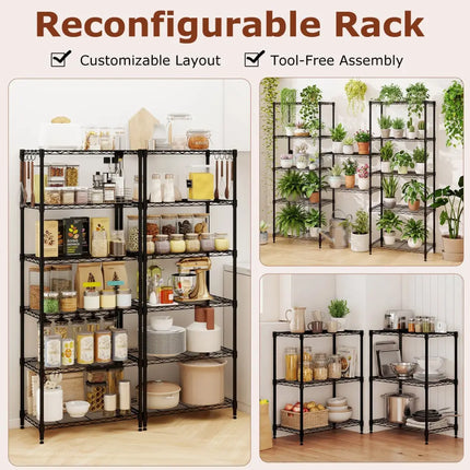 Set of 2 6-Tier Metal Storage Shelving Unit with V-Shaped Wire Rack and 900 LBS Capacity-Black - Black - Garages