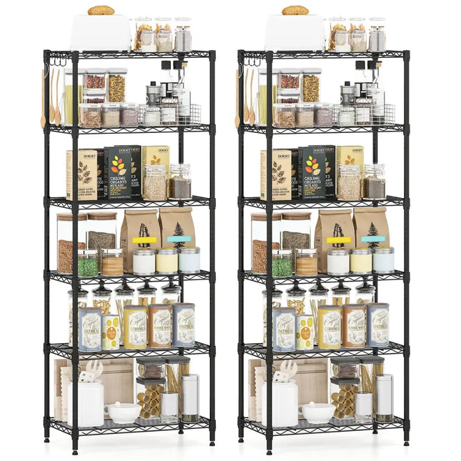 Set of 2 6-Tier Metal Storage Shelving Unit with V-Shaped Wire Rack and 900 LBS Capacity-Black - Black - Garages