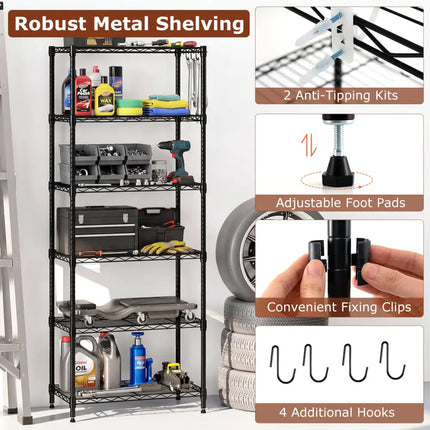 Set of 2 6-Tier Metal Storage Shelving Unit with V-Shaped Wire Rack and 900 LBS Capacity-Black - Black - Garages