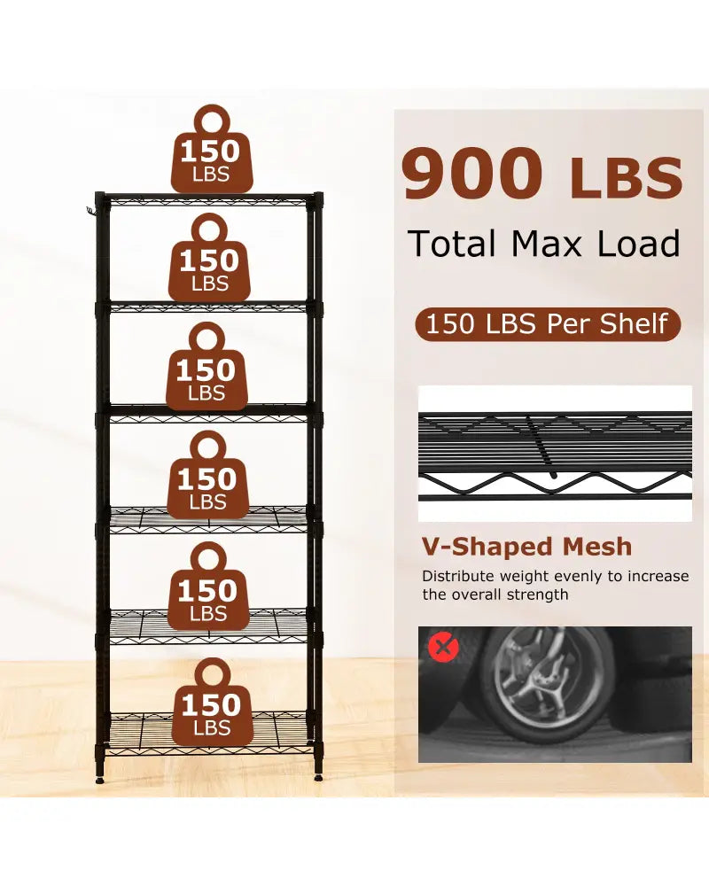Set of 2 6-Tier Metal Storage Shelving Unit with V-Shaped Wire Rack and 900 LBS Capacity-Black - Black - Garages