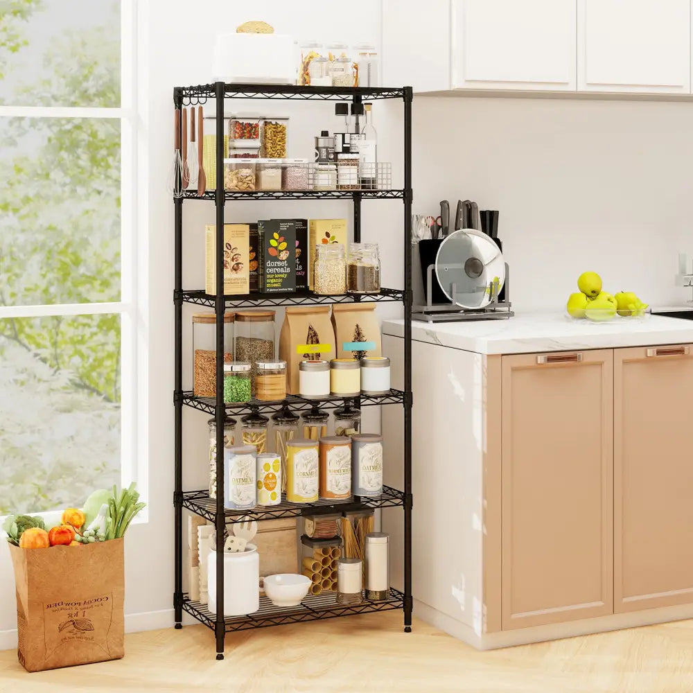 Set of 2 6-Tier Metal Storage Shelving Unit with V-Shaped Wire Rack and 900 LBS Capacity-Black - Black - Garages